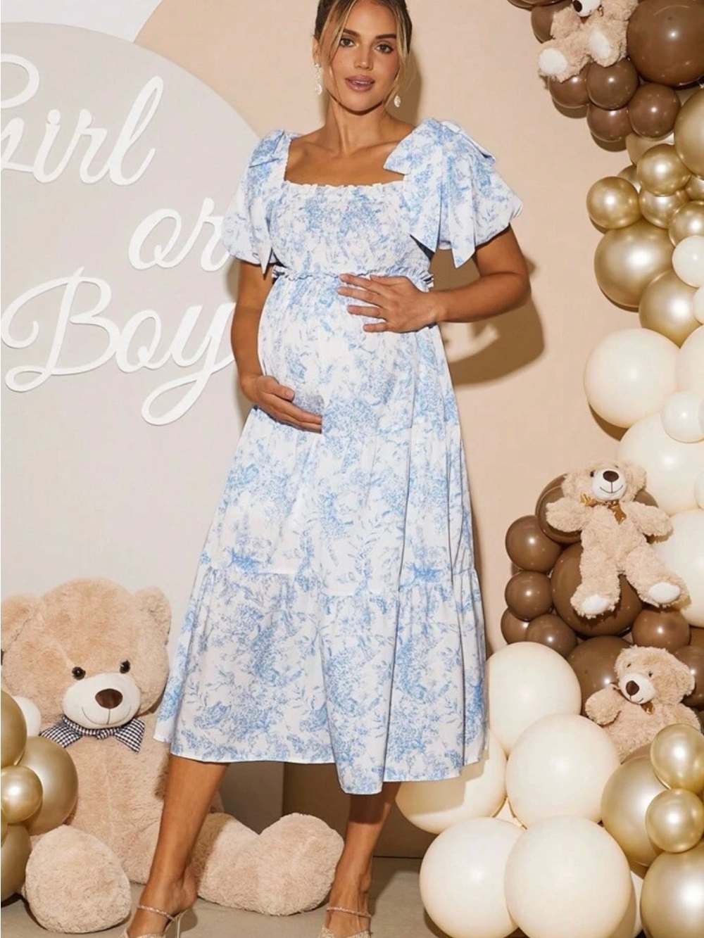 SHEIN Blue and White Floral Midi Maternity Dress with Puff Sleeves